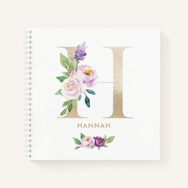 Pretty Violet Floral Gold Foil Letter H Monogram Notebook (Front)