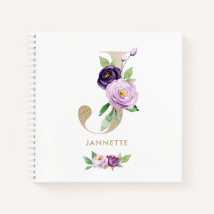 Pretty Violet Floral Gold Foil Letter J Monogram Notebook