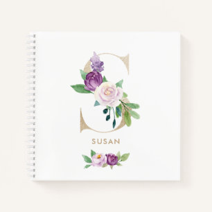 Pretty Violet Floral Gold Foil Letter S Monogram Notebook