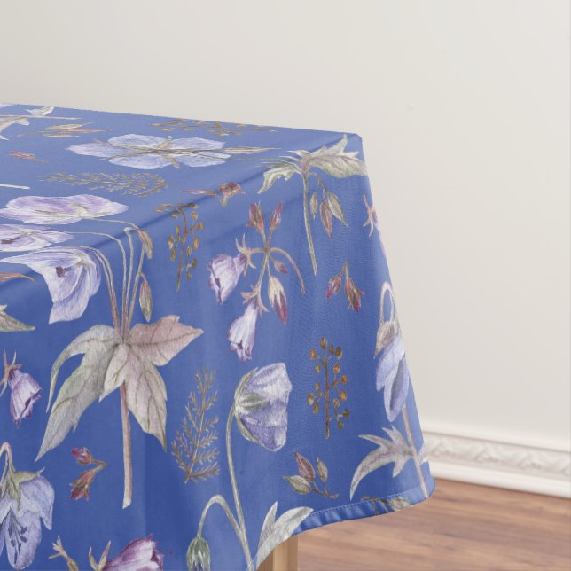 Pretty Violet Flowers on Blue Background Pattern Tablecloth (In Situ)