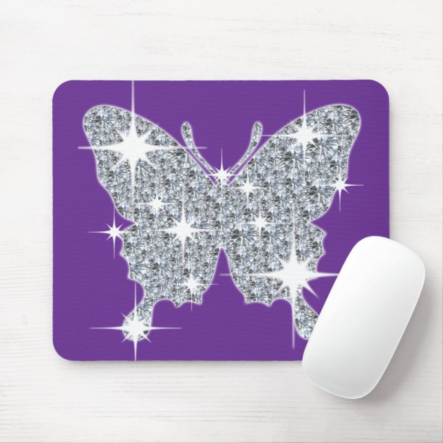 Pretty Violet Purple Faux Diamond Bling Butterfly  Mouse Mat (With Mouse)