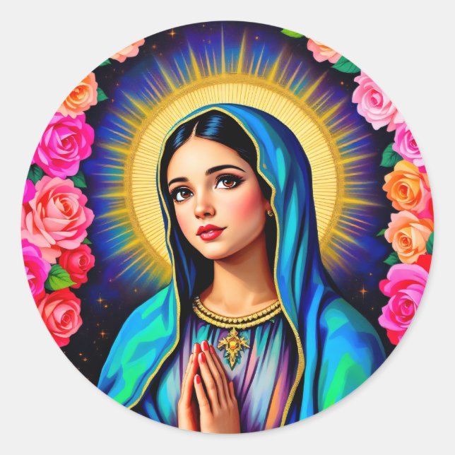 Pretty Virgin Mary with Prayer Hands & Roses Classic Round Sticker (Front)