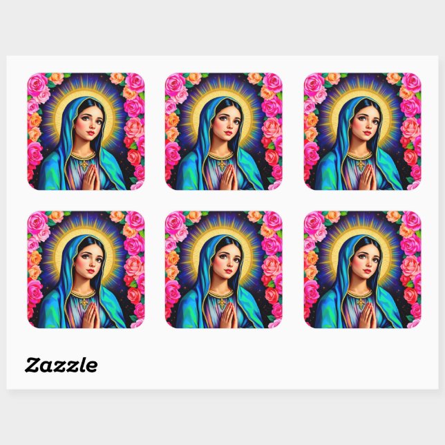 Pretty Virgin Mary with Prayer Hands & Roses Large Square Sticker (Sheet)