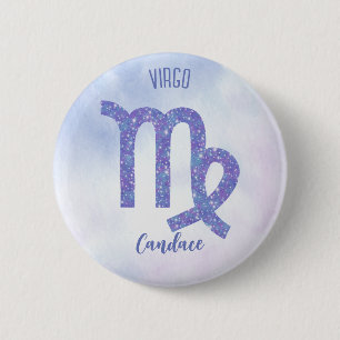 Pretty Virgo Astrology Sign Personalised Purple 6 Cm Round Badge