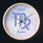Pretty Virgo Astrology Sign Personalised Purple Clock<br><div class="desc">This pretty,  personalised purple and lavender Virgo clock features your astrological sign from the Zodiac in a beautiful sparkle like the constellations. Customise this cute home decor gift with your name in beautiful cursive script for someone with a late August or early September birthday.</div>