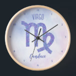 Pretty Virgo Astrology Sign Personalised Purple Clock<br><div class="desc">This pretty,  personalised purple and lavender Virgo clock features your astrological sign from the Zodiac in a beautiful sparkle like the constellations. Customise this cute home decor gift with your name in beautiful cursive script for someone with a late August or early September birthday.</div>
