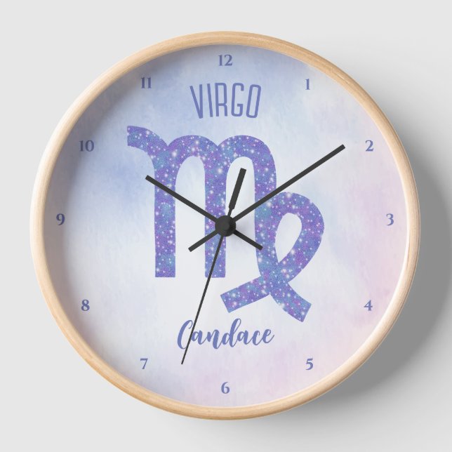 Pretty Virgo Astrology Sign Personalised Purple Clock (Front)