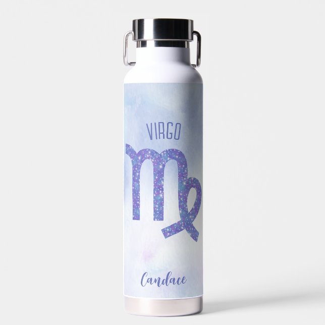 Pretty Virgo Astrology Sign Personalised Purple Water Bottle (Front)