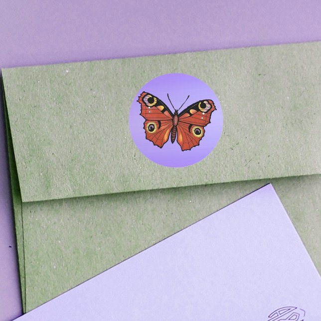 Pretty Vivid Monarch Butterfly Classic Round Sticker (Pretty brown monarch butterfly on purple round stickers.)