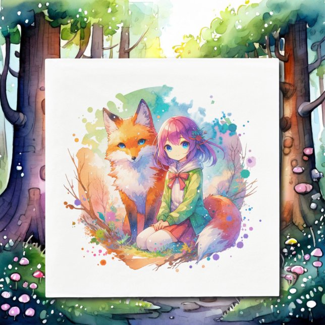 Pretty Watercolor Anime Girl and Fox Birthday Napkin (Creator Uploaded)