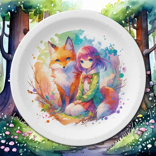 Pretty Watercolor Anime Girl and Fox Birthday Paper Plate (Creator Uploaded)