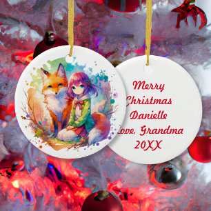 Pretty Watercolor Anime Girl and Fox Christmas Ceramic Tree Decoration