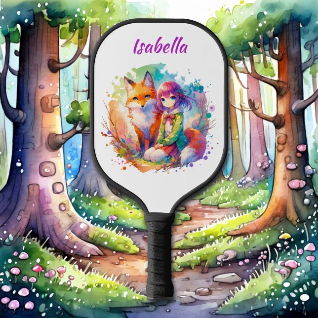Pretty Watercolor Anime Girl and Fox Pickleball Paddle (Creator Uploaded)