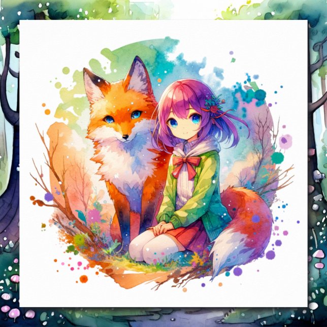 Pretty Watercolor Anime Girl and Fox Poster (Creator Uploaded)