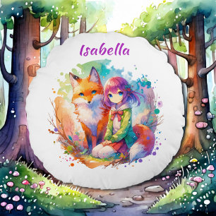 Pretty Watercolor Anime Girl and Fox Round Cushion