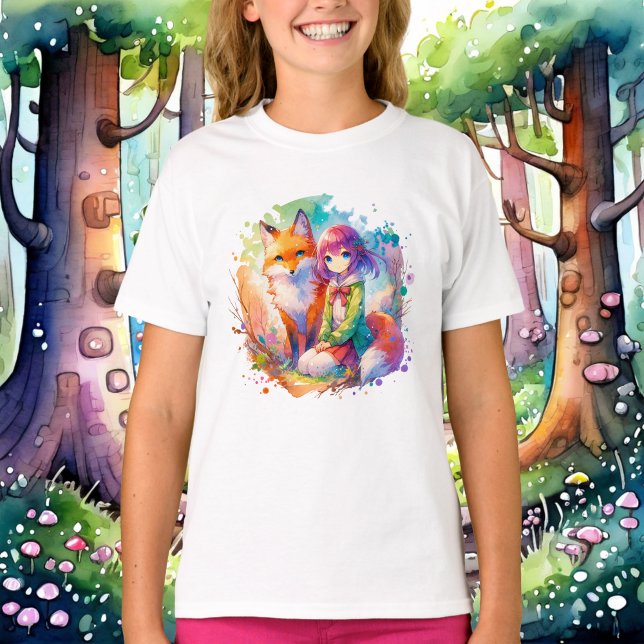 Pretty Watercolor Anime Girl and Fox T-Shirt (Creator Uploaded)