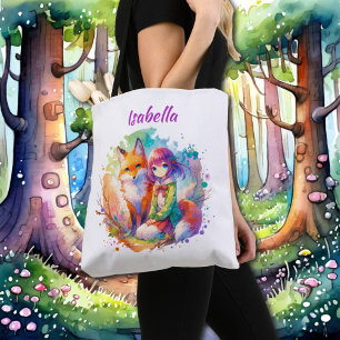 Pretty Watercolor Anime Girl and Fox Tote Bag