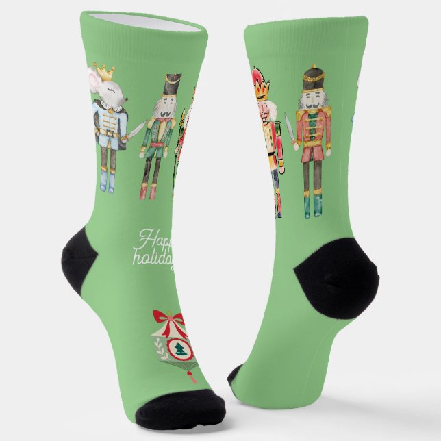 Pretty watercolor art of Nutcracker Xmas green Socks (Angled)