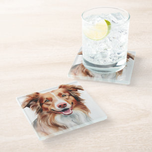 PRETTY WATERCOLOR AUSTRALIAN SHEPHERD DOG GLASS COASTER