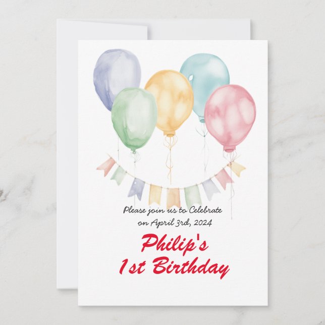 Pretty Watercolor Balloons - Birthday Party  Invitation (Front)