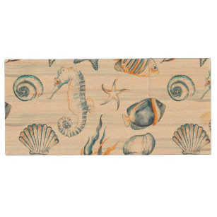 Pretty Watercolor Beach Seashells Ocean Sea Wood USB Flash Drive
