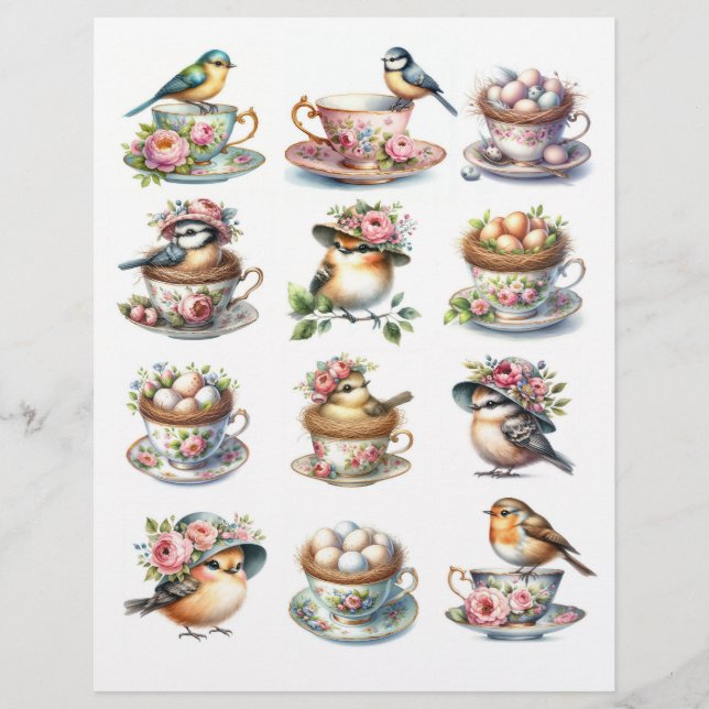 Pretty Watercolor Birds in Hats Perched in Teacups (Front)