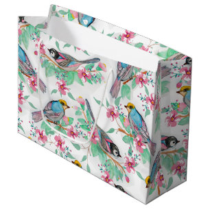 Pretty watercolor birds spring floral paint large gift bag
