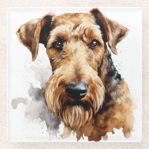 PRETTY WATERCOLOR BLACK & TAN AIREDALE TERRIER DOG GLASS COASTER