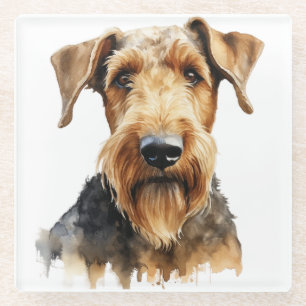 PRETTY WATERCOLOR BLACK & TAN AIREDALE TERRIER DOG GLASS COASTER