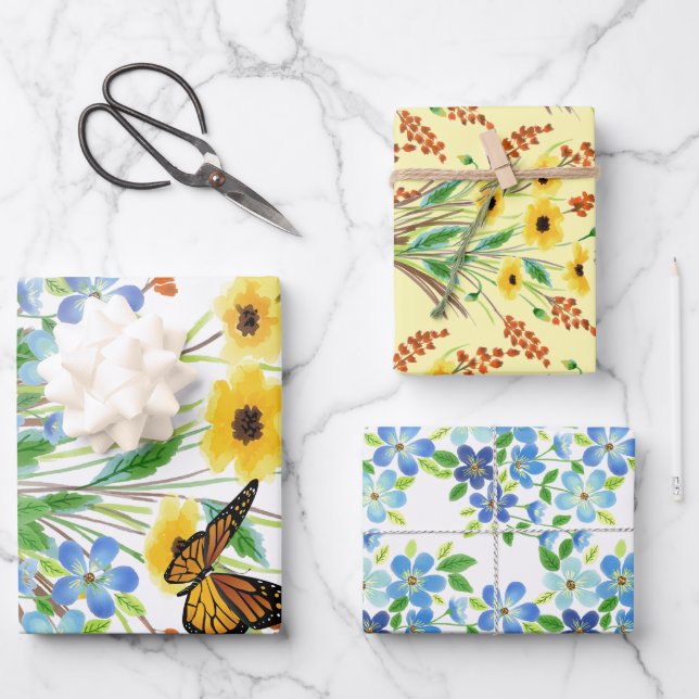 Pretty Watercolor Blue and Yellow Flowers Wrapping Paper Sheet (Front)