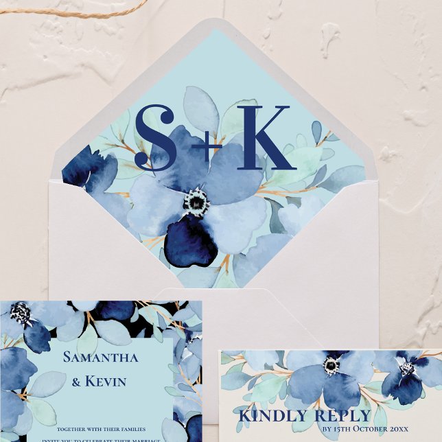 Pretty Watercolor Blue Floral Monogram Wedding  Envelope (Pretty Watercolor Blue Floral Monogram Wedding Envelope)