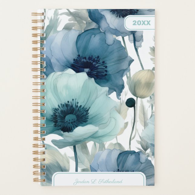 Pretty Watercolor Blue Floral Personalized Logo Planner (Front)