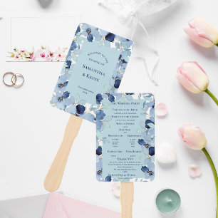 Pretty Watercolor Blue Floral Wedding Program Hand Fan