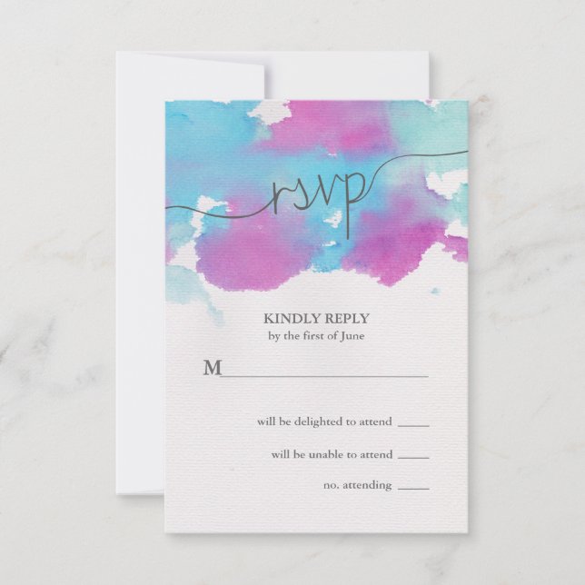 Pretty Watercolor Blue Purple Wedding RSVP (Front)