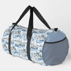 PRETTY WATERCOLOR BLUE & WHITE SAILBOATS DUFFLE BAG
