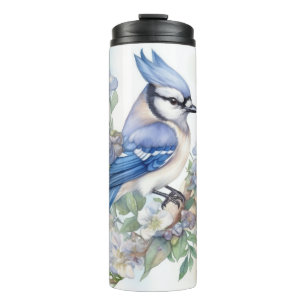 PRETTY WATERCOLOR BLUEBIRD IN A TREE WITH FLOWERS THERMAL TUMBLER