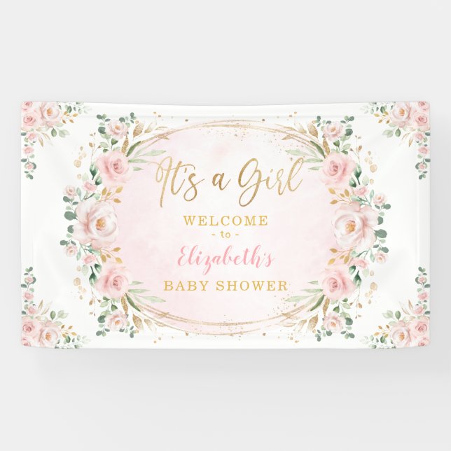 Pretty Watercolor Blush Floral Baby Girl Shower Banner (Horizontal)