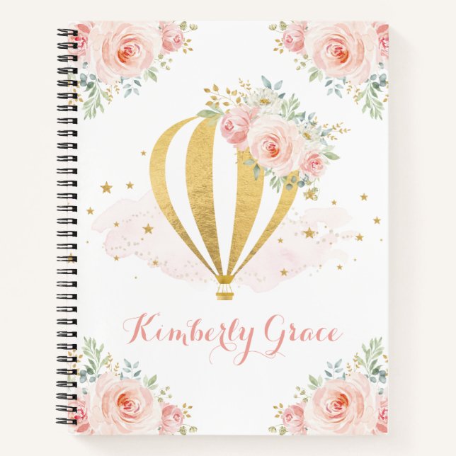 Pretty Watercolor Blush Floral Hot Air Balloon Notebook (Front)
