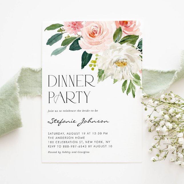Pretty Watercolor Blush Flowers Dinner Party Invitation (Creator Uploaded)