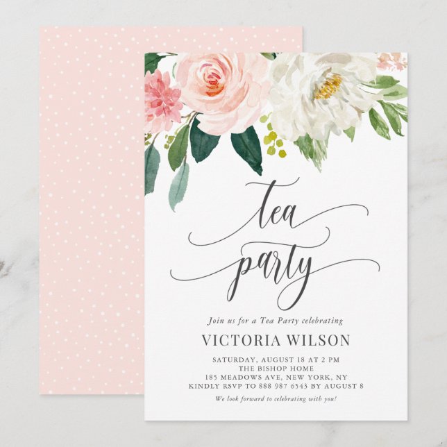 Pretty Watercolor Blush Flowers Grey Tea Party Invitation (Front/Back)
