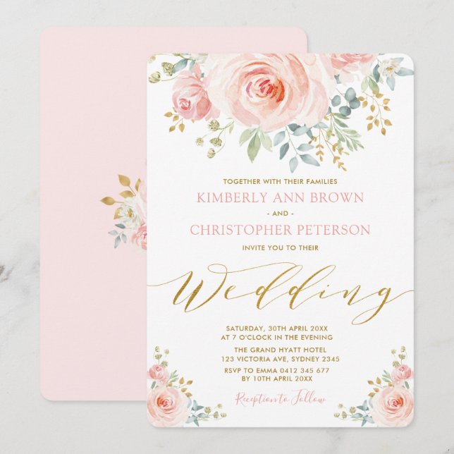 Pretty Watercolor Blush Pink Floral Rose Wedding Invitation (Front/Back)