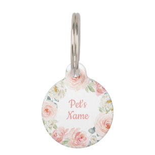 Pretty Watercolor Blush Pink Rose Floral Wreath Pet Tag