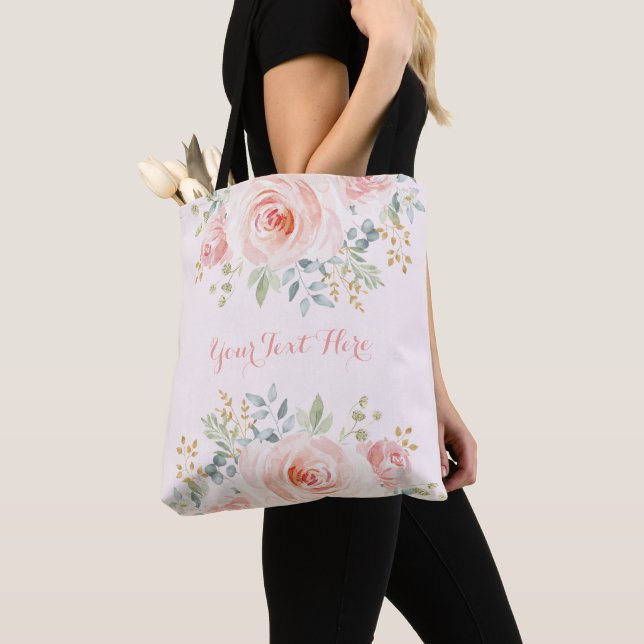 Pretty Watercolor Blush Rose Floral Botanical Tote Bag (Close Up)