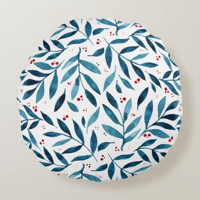 Pretty watercolor branches – turquoise and red  round cushion (Front)
