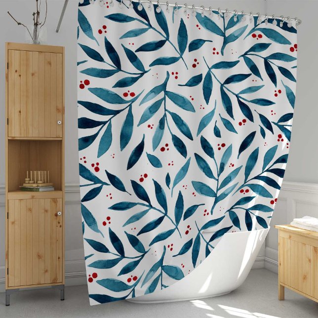 Pretty watercolor branches – turquoise and red  shower curtain (Creator Uploaded)