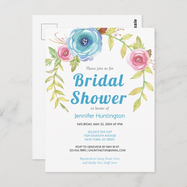 Pretty Watercolor Bridal Shower Floral Invitation Postcard (Front/Back)
