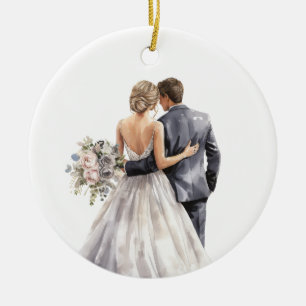PRETTY WATERCOLOR BRIDE AND GROOM WEDDING CERAMIC TREE DECORATION