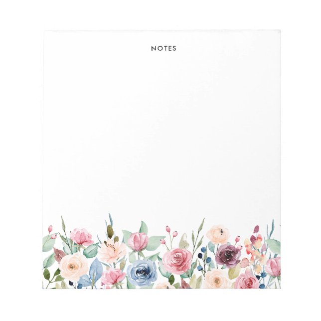 Pretty Watercolor Burgundy and Blue Flowers  Notepad (Front)
