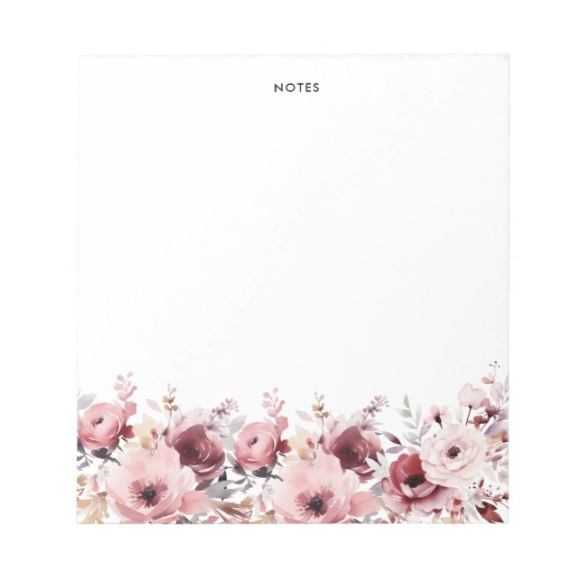 Pretty Watercolor Burgundy and Blush Flowers  Notepad (Front)