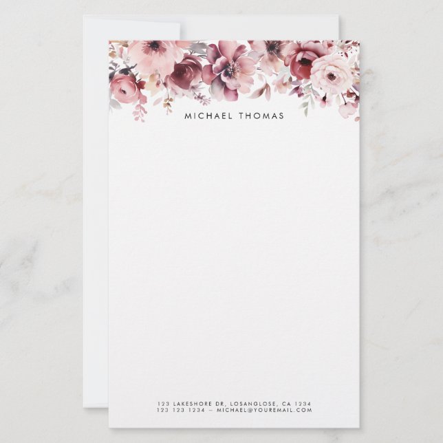 Pretty Watercolor Burgundy and Blush Flowers Stationery (Front)